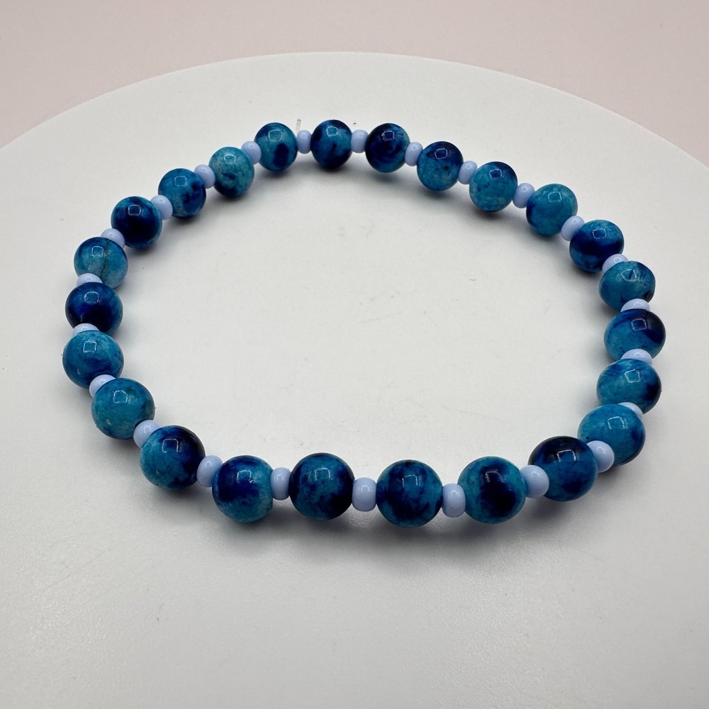 Vintage 90s Silver Tone Blue Marbled Stone Beaded Bracelet Women's Jewelry 90s